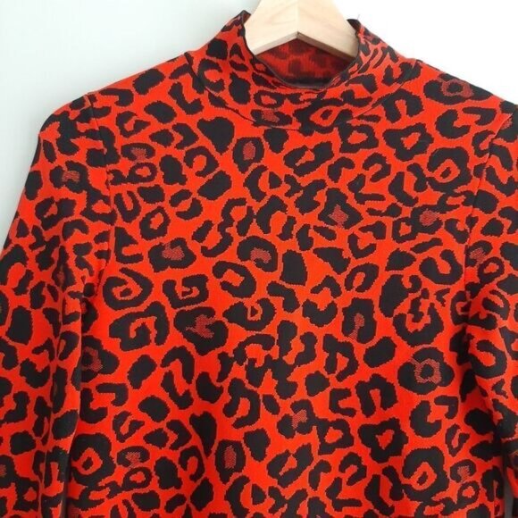 RIVER ISLAND Leopard Print Fine Knit Sweater T-Neck Top Sz M - Picture 6 of 12